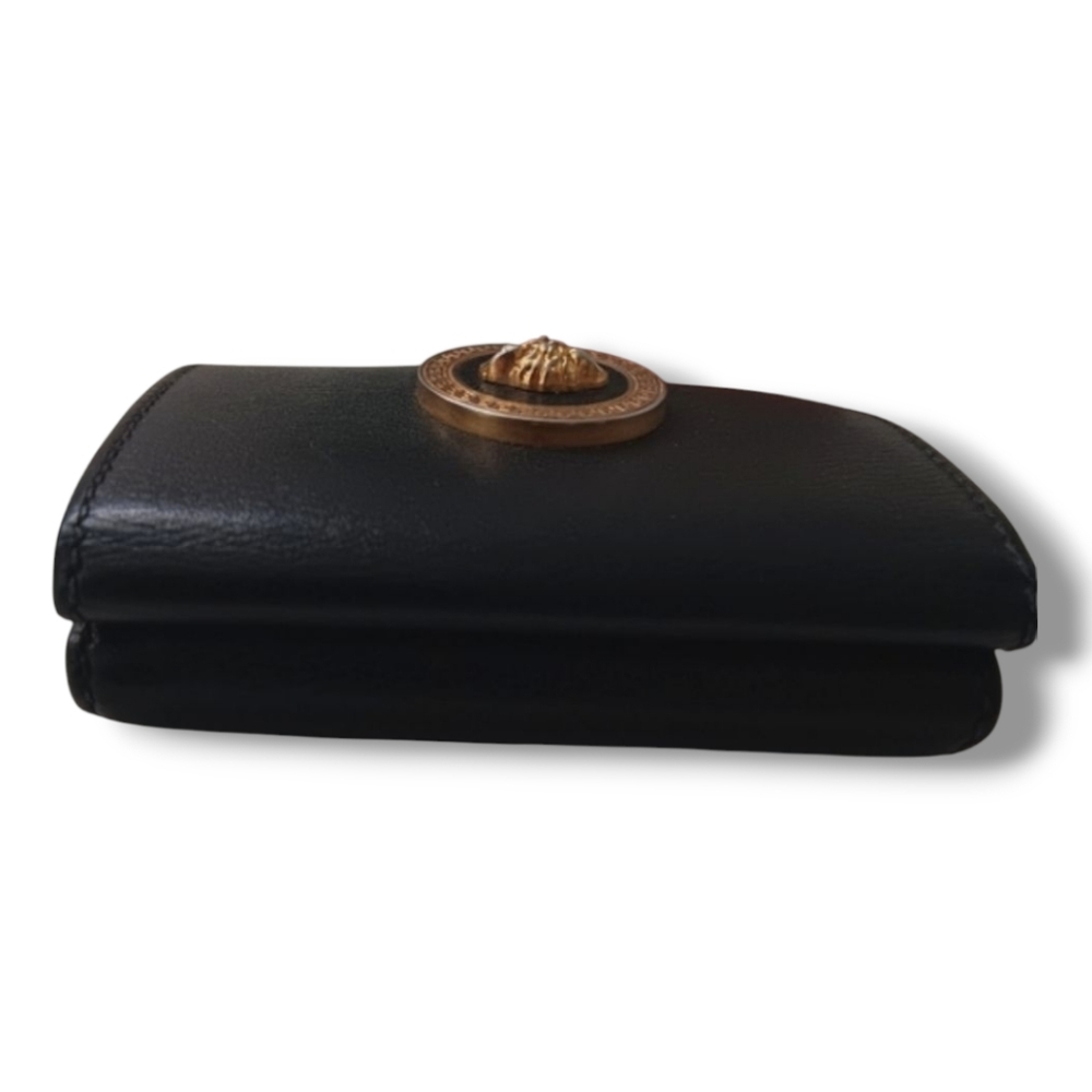 Versace Unisex Mini Trifold Black Leather Wallet with Gold Medusa Logo - Picture 4 of 12